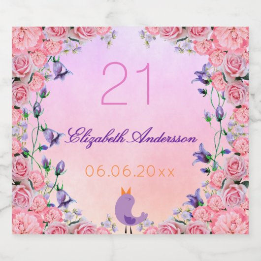 21e verjaardag partij bloedige roze violetfloralen sparkling wijnetiket (Enkel label)