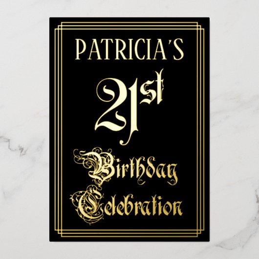 21e verjaardag Partij — Fancy Manuscript & de Naam Folie Uitnodiging (Voorkant)