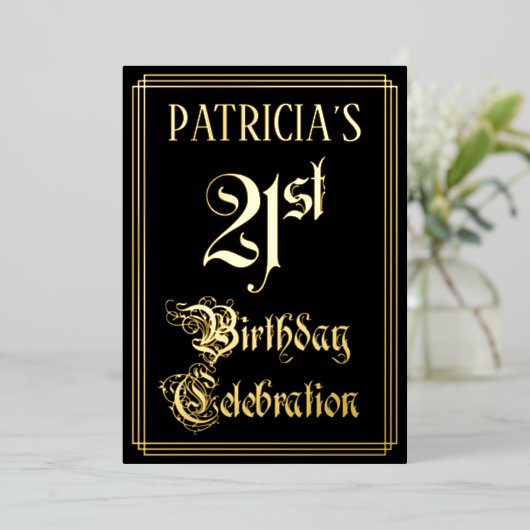 21e verjaardag Partij — Fancy Manuscript & de Naam Folie Uitnodiging (Staand Voorkant)