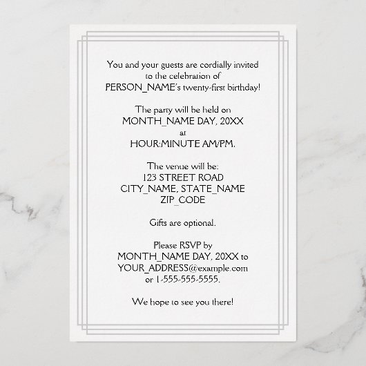 21e verjaardag Partij — Fancy Manuscript & de Naam Folie Uitnodiging (Achterkant)