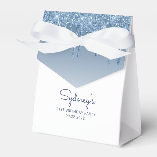 21e Verjaardag Party Blue Glitter Drip Script Bedankdoosjes (Voorkant Zijde)