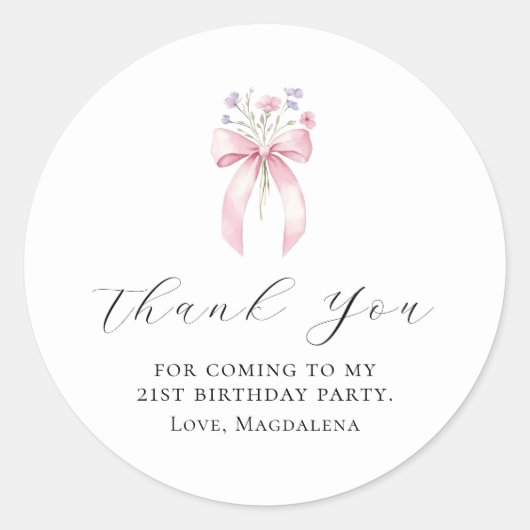 21e Verjaardag Party Bow Custom Bedankt Favoriet Ronde Sticker (Voorkant)