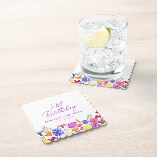 21e Verjaardag Party Paarse Wildflower Custom Kartonnen Onderzetters (Insitu)