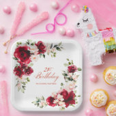 21e Verjaardag Party Rood Roze Bloemen Custom Papieren Bordje (Feest)