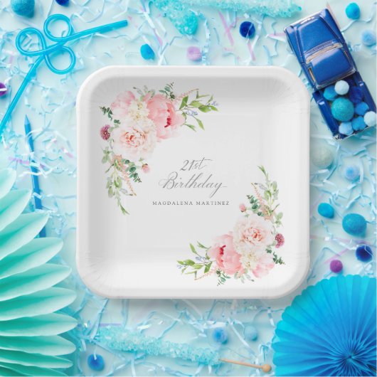 21e Verjaardag Party Roze Bloemen Custom Papieren Bordje (Feest)