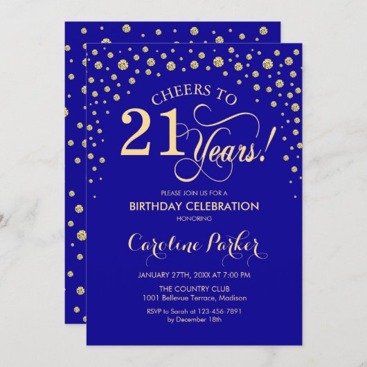 21e verjaardag Party uitnodiging - Gold Royal Blue (Voorkant / Achterkant)