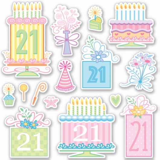 21e verjaardag  pasteltaarten en Cadeaus Sticker (Voorkant)