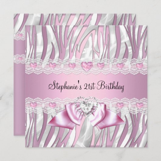 21e verjaardag Pink White Zebra Diamond Kaart (Voorkant / Achterkant)