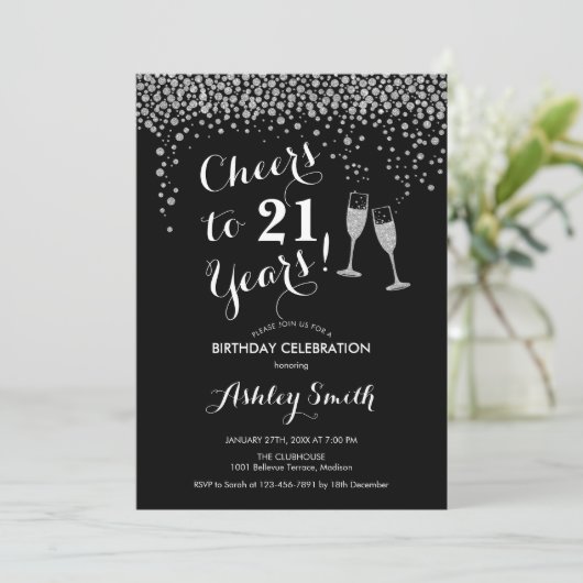 21e Verjaardag - Proost op 21 Jaar Zwart Zilver Kaart (Staand voorkant)