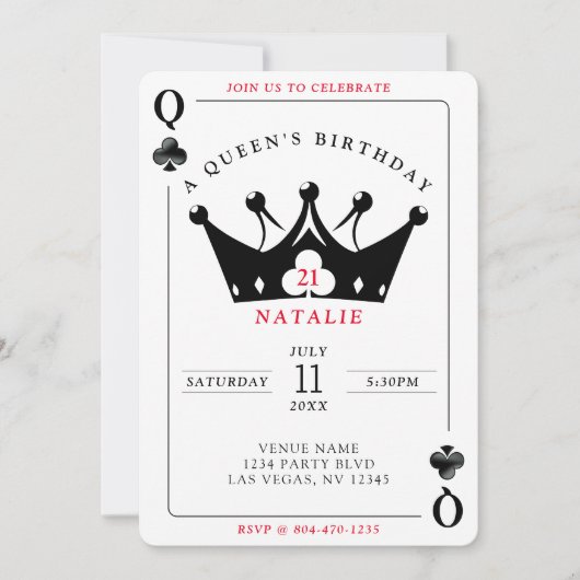 21e verjaardag Queen of Clubs Casino Poker Kaart (Voorkant)