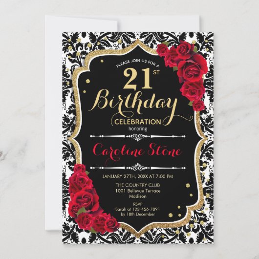 21e verjaardag - Red Roses Gold Black Damask Kaart (Voorkant)