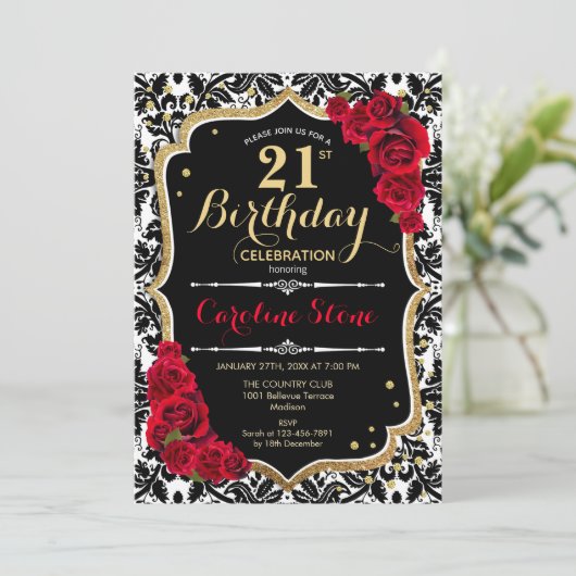 21e verjaardag - Red Roses Gold Black Damask Kaart (Staand voorkant)