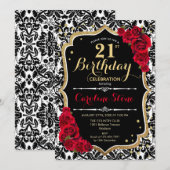 21e verjaardag - Red Roses Gold Black Damask Kaart (Voorkant / Achterkant)