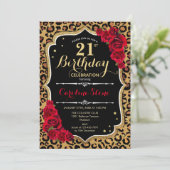 21e verjaardag - Red Roses Leopard Print Kaart (Staand voorkant)