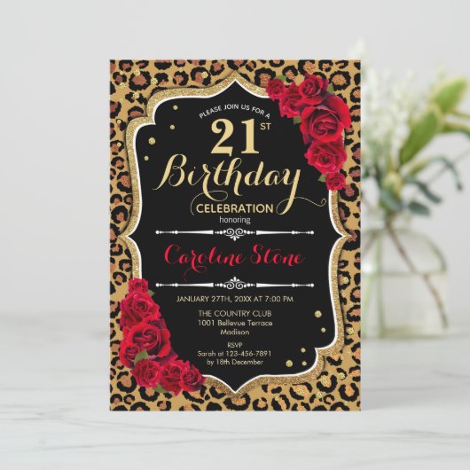 21e verjaardag - Red Roses Leopard Print Kaart (Staand voorkant)
