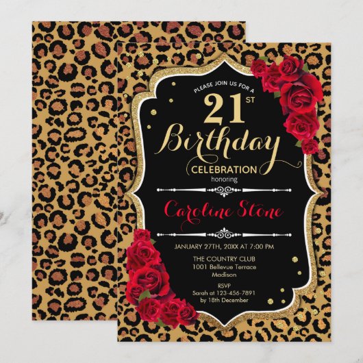 21e verjaardag - Red Roses Leopard Print Kaart (Voorkant / Achterkant)