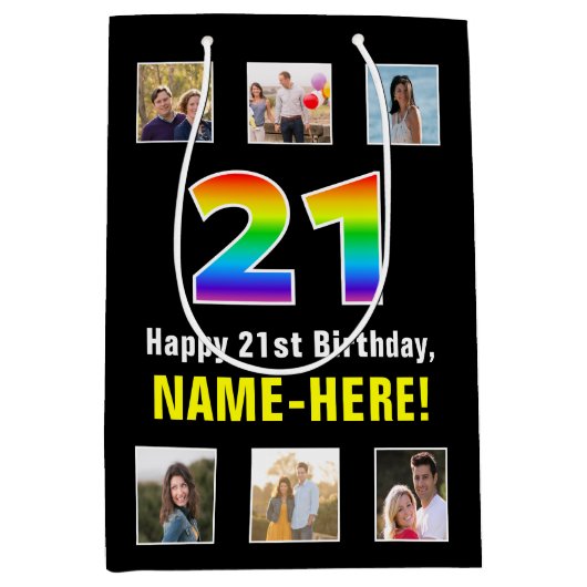 21e verjaardag: Regenboog "21", aangepaste foto's Medium Cadeauzakje (Voorkant)