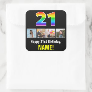 21e verjaardag: Regenboog "21"; Aangepaste foto's  Vierkante Sticker