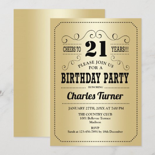 21e verjaardag - Retro Gold Black Kaart (Voorkant / Achterkant)