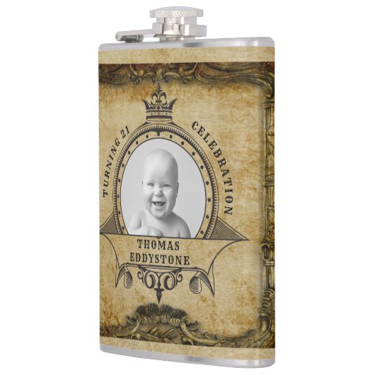 21e Verjaardag Retro Rustiek Monogram Foto Heupfles (Links)