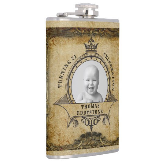 21e Verjaardag Retro Rustiek Monogram Foto Heupfles (Rechts)