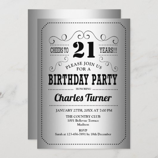 21e verjaardag: Retro Silver Black Kaart (Voorkant / Achterkant)