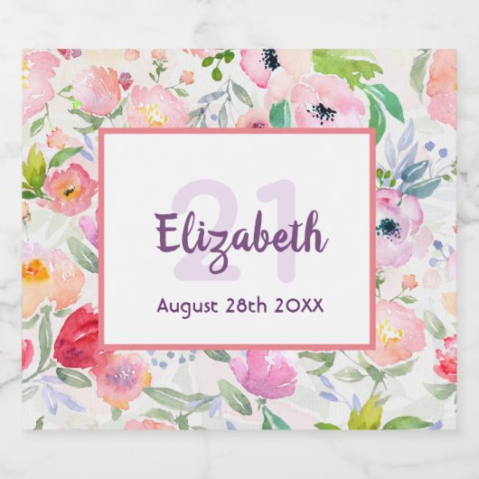 21e verjaardag romantische waterkleurige roze bloe sparkling wijnetiket (Enkel label)