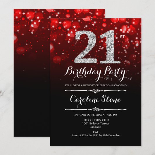 21e verjaardag - Rood Zwart Zilver Kaart (Voorkant / Achterkant)