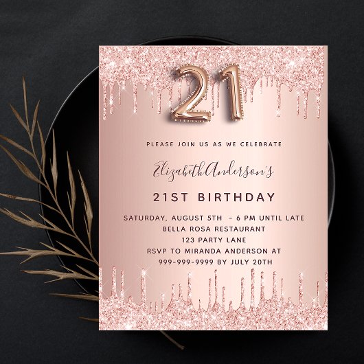 21e verjaardag roos Gold Sparkles Budget Invite Flyer