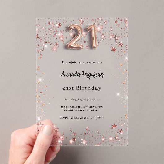 21e verjaardag roos Gold Stars Clear Party Acryl Uitnodigingen (Insitu (Draagbaar))