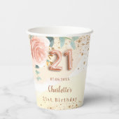 21e verjaardag roos Goud Bloemen Groen Naam Papieren Bekers (Achterkant)