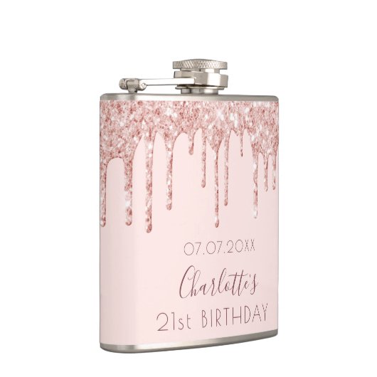 21e verjaardag roos goud glitter drup roze monogra heupfles (Rechts)