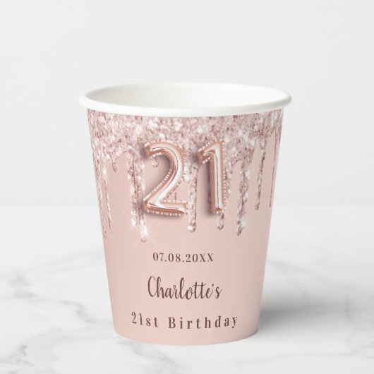 21e verjaardag roos goud glitter druppelt monogram papieren bekers (Voorkant)