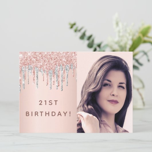 21e verjaardag roos goud glitter foto roze zilver kaart (Staand voorkant)