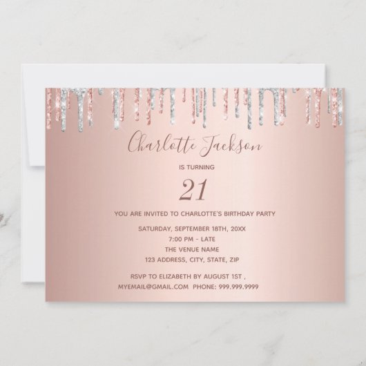 21e verjaardag roos goud glitter foto roze zilver kaart (Achterkant)