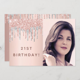 21e verjaardag roos goud glitter foto roze zilver kaart