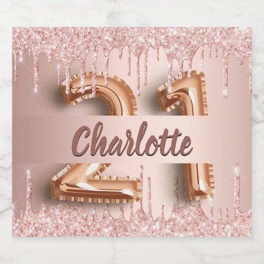 21e verjaardag roos goud glitter monogram luxe sparkling wijnetiket (Enkel label)