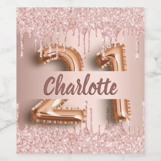 21e verjaardag roos goud glitter monogram luxe wijn etiket (Enkel label)