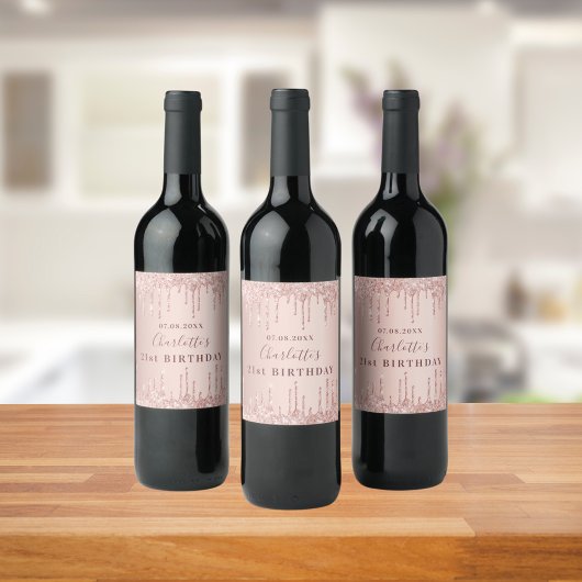 21e verjaardag roos goud glitter monogram wijn etiket