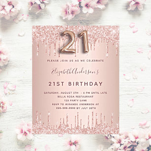21e verjaardag roos goud glitter roze luxe uitnodiging briefkaart