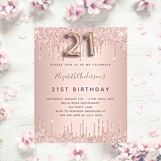 21e verjaardag roos goud glitter roze luxe uitnodiging briefkaart