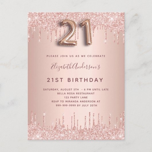 21e verjaardag roos goud glitter roze luxe uitnodiging briefkaart (Voorkant)