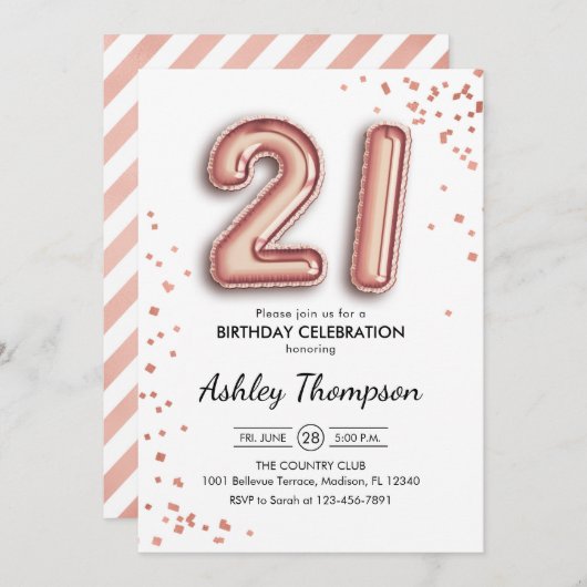 21e verjaardag - Roos gouden ballonnen Kaart (Voorkant / Achterkant)