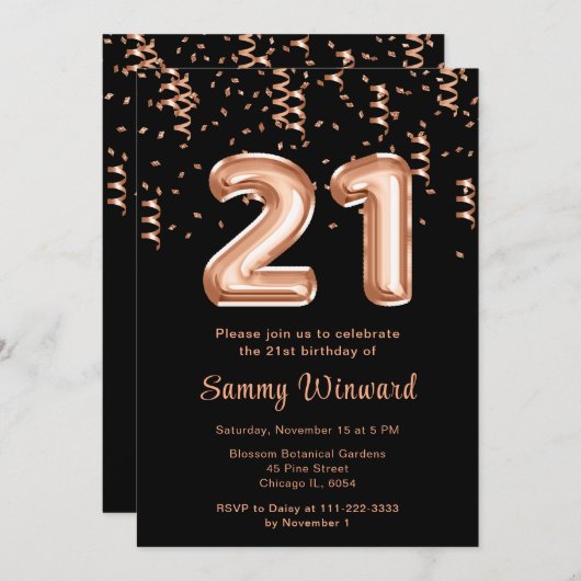 21e verjaardag Roos gouden ballonnen met Confetti Kaart (Voorkant / Achterkant)