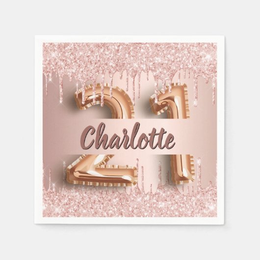 21e verjaardag roos gouden druppels servet (Voorkant)