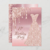 21e verjaardag roos gouden glitter drip uitnodigin briefkaart (Voorkant / Achterkant)