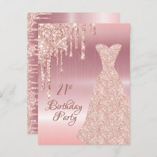 21e verjaardag roos gouden glitter drip uitnodigin briefkaart (Voorkant / Achterkant)