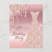 21e verjaardag roos gouden glitter drip uitnodigin briefkaart (Voorkant)