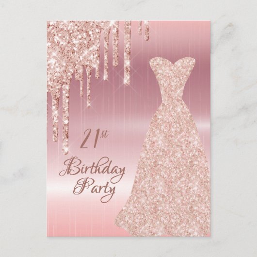 21e verjaardag roos gouden glitter drip uitnodigin briefkaart (Voorkant)