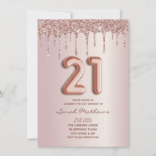 21e Verjaardag Roos Gouden Glitter Drips Invitatio Kaart (Voorkant)